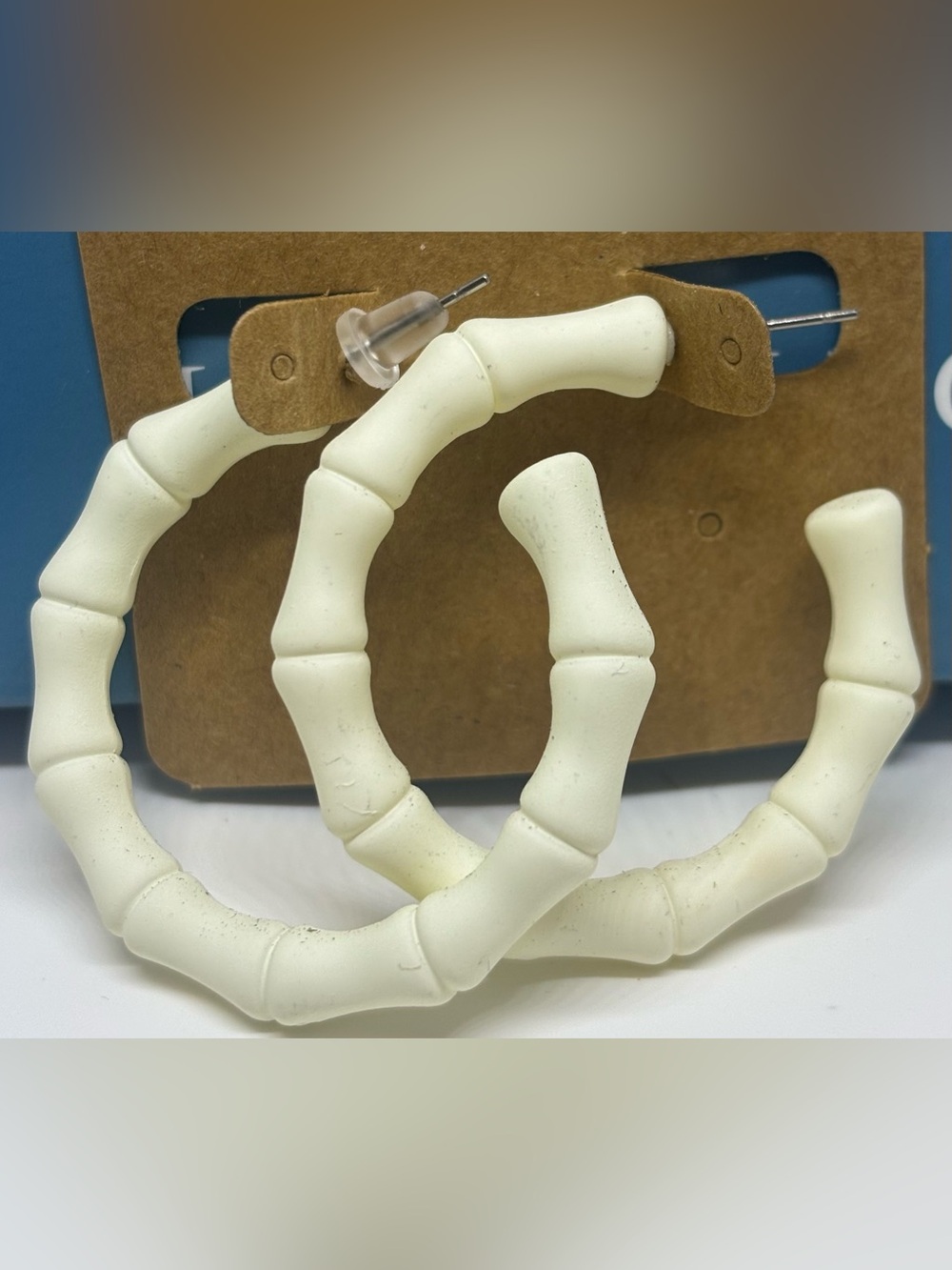 Cream Bamboo-Style Hoop Earrings With Silver Post Back